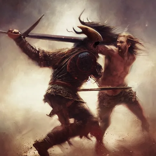 Image similar to a beautiful painting of a Viking attacking another man, by raymond swanland, featured on artstattion