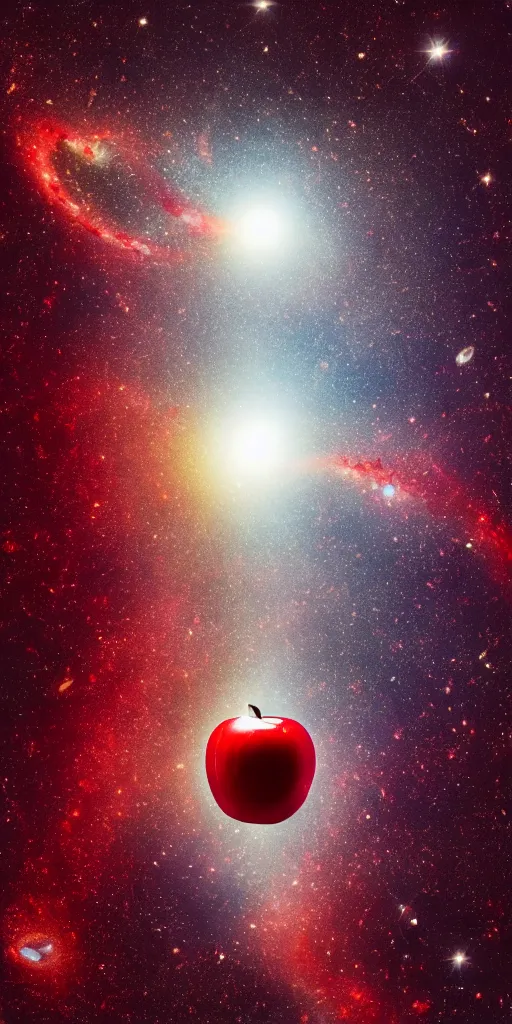 Prompt: a nasa photo of a galaxy in the shape of a red apple with a bite taken out of it. dynamic composition psychedelic