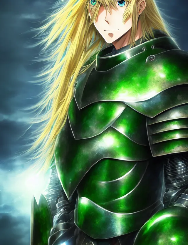 Image similar to an anime portrait of a long haired blonde man with blue eyes in green plate armour glowing with green energy, trending on artstation, digital art, 4 k resolution, detailed, high quality, sharp focus, hq artwork, coherent, insane detail