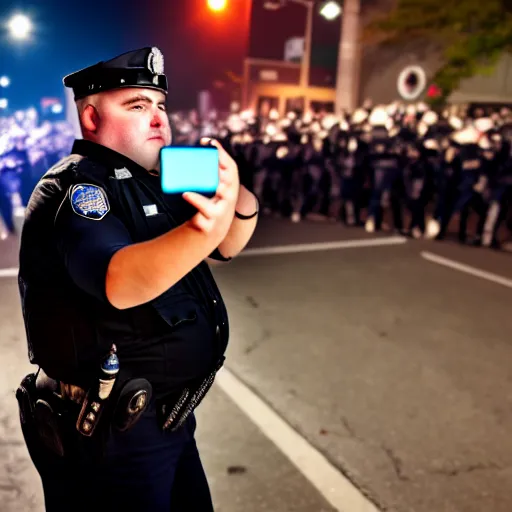 Prompt: chubby cop takes a selfie in front of a riot, highly detailed, sharp focus, dramatic lighting, 8 k