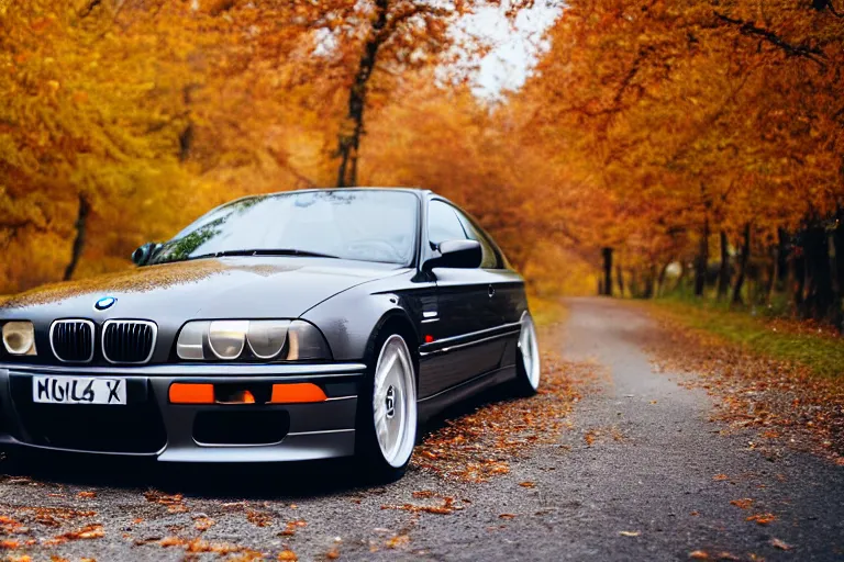 Prompt: A BMW e36 parked in a road with trees, autumn season, Epic photography, taken with a Leica camera, 50 mm, depth of field, bokeh