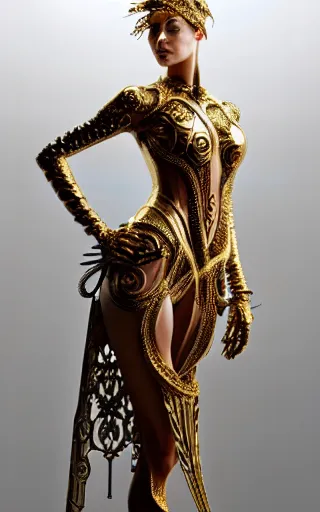 Image similar to a photo of a female in wearable sculpture art, ornate, metal works, intricate details, elegant, highly detailed, digital photography, artstation, glamor pose, concept art, smooth, sharp focus, art by artgerm and greg rutkowski, 3 d character, whole body, full body, film, photorealistic, unreal engine