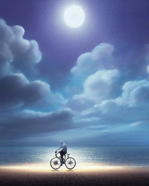 Prompt: photo of man riding a bicycle along the beach that is lit by glowing organisms underwater toward a lighthiuse in the distance, wide horizon, large white clouds, intricate, elegant, highly detailed, digital painting, artstation, concept art, smooth, sharp focus, illustration, art by artgerm and greg rutkowski and fra angelico