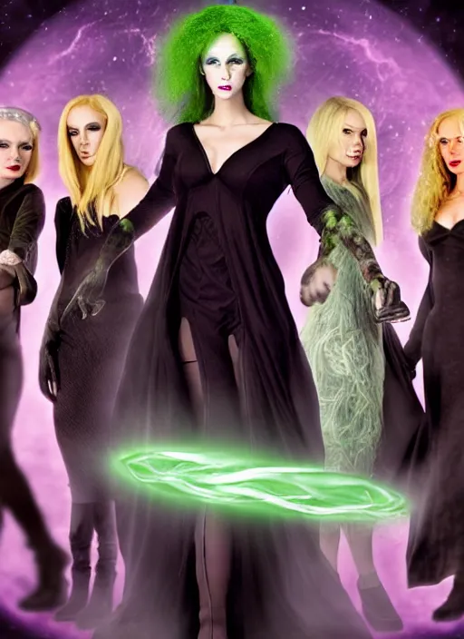 Prompt: futuristic coven of witches led by a beautiful woman with blonde hair who wields green magic