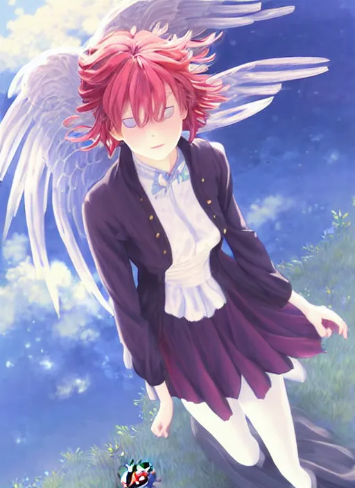 Image similar to Painting of a cottagecore witch with strawberry hair in the style of Violet Evergarden, beautiful anime art style, winged eyelashes, countryside, calm, fantasy character portrait, dark outlines, dynamic pose, above view, sunny day, artwork by Makoto Shinkai, very coherent asymmetrical artwork, sharp edges, perfect face, simple form, 100mm