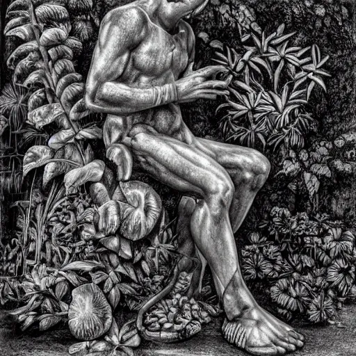 Image similar to botanical sketch of The thinker sculpture with a mechanical/cybernetic head, mushrooms and peyote/san pedro at the base, surrounded by a lush jungle and morning glory vines, high detail, b&w,