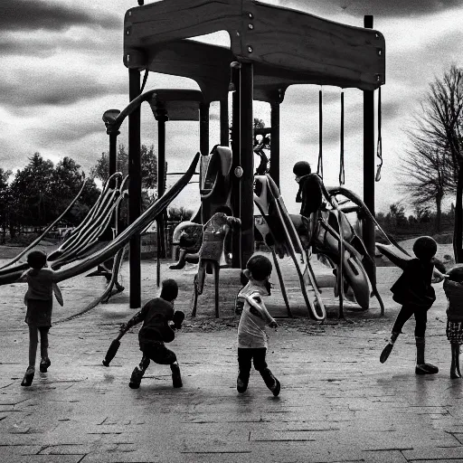 Image similar to A photograph of the end of the world with children playing in a playground, melancholic, cinematic, moody lighting