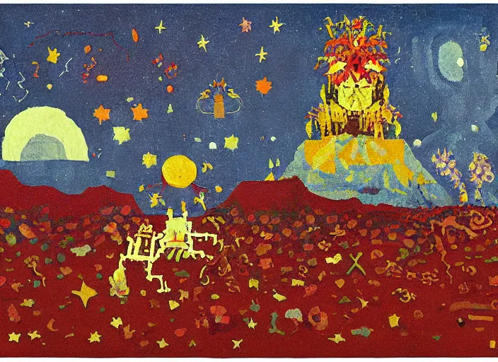 Image similar to pixel decollage painting tarot lovers card composition tower of babel road red armor maggot bear and wonky alien frog skeleton knight on a horse in a dark red cloudy night sky with golden foil jewish stars and diamonds, mountain lake and blossoming field in background, painted by Mark Rothko, Helen Frankenthaler, Danny Fox and Hilma af Klint, pixelated, neo expressionism, semi naive, pastel colors, cinematic, color field painting, cave painting, voxel, pop art look, outsider art, minimalistic. Bill Traylor painting, part by Philip Guston, Amano and Francis Bacon. art by Adrian Ghenie, very coherent symmetrical artwork, cinematic, hyper realism, high detail, octane render, unreal engine, Smooth gradients, depth of field, full body character drawing, extremely detailed, 8k, extreme detail, intricate detail, masterpiece