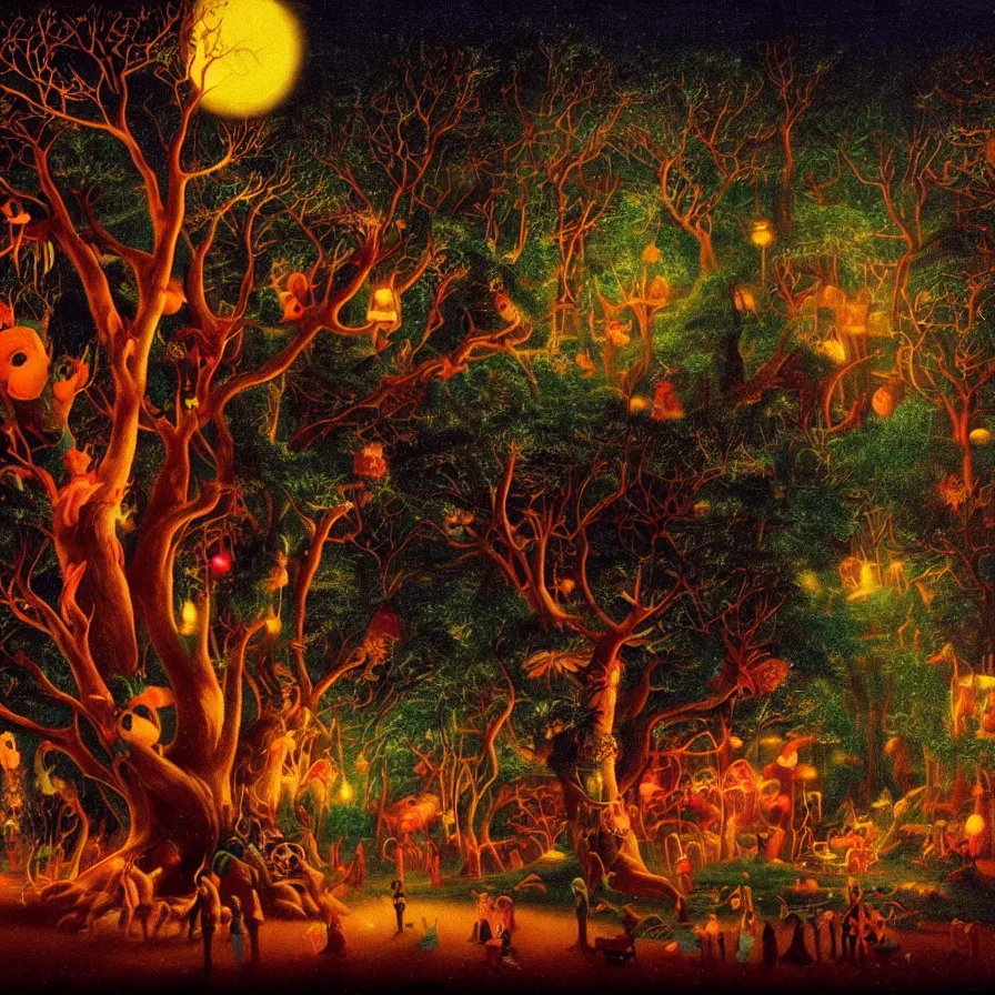 Image similar to closeup of a night carnival inside a magical tree cavity, with a surreal orange moonlight and fireworks, next to a lake with iridiscent water, christmas lights, folklore animals and people disguised as fantastic creatures in a magical forest by summer night, masterpiece painted by harry watrous, scene by night, dark night environment, refraction lights, glares