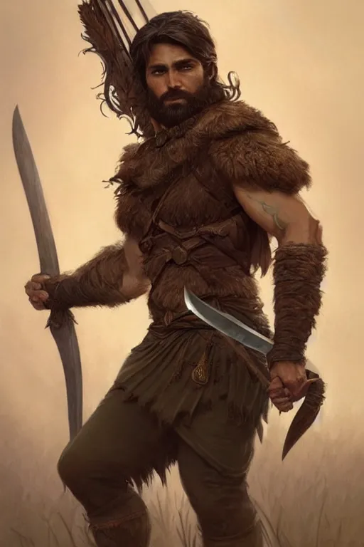 Prompt: full body portrait of a gruff ranger with a spear, lean and toned, handsome face, body hair, D&D, fantasy, intricate, elegant, highly detailed, digital painting, artstation, concept art, matte, sharp focus, illustration, art by Artgerm and Greg Rutkowski and Alphonse Mucha
