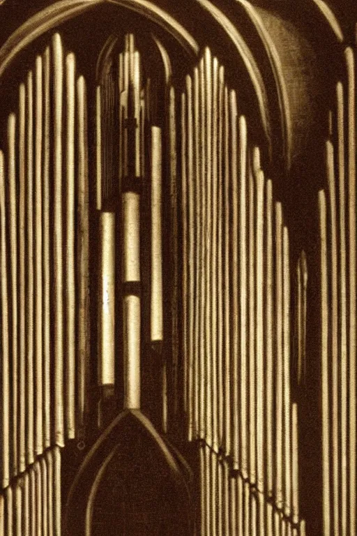 Image similar to pipe organ gothic by grant wood, carpenter gothic