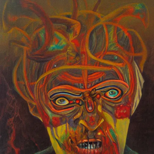 Image similar to portre of an autistic demon on acid, masonic and kabalistic symbols in background, oil painting