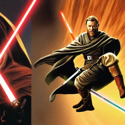 Image similar to obi wan defeating the sith villain jar jar binks