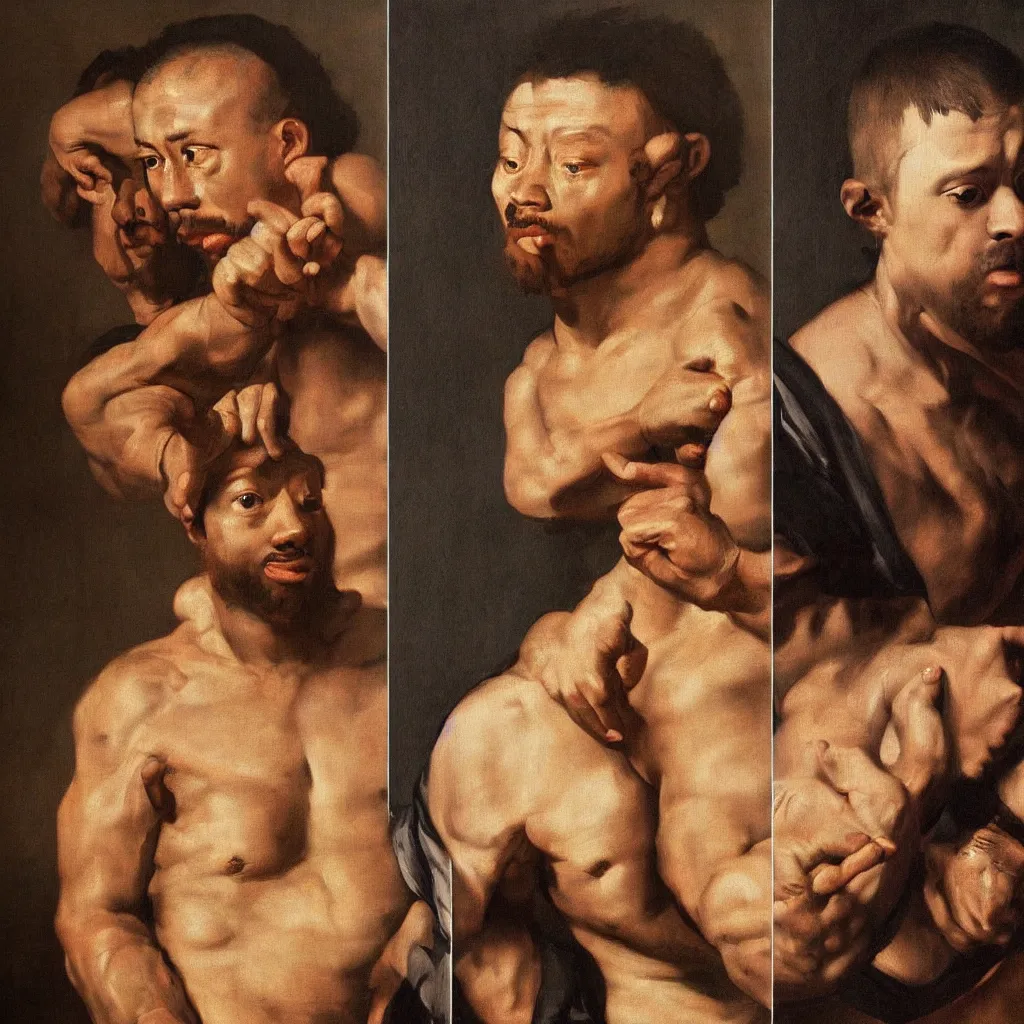 Prompt: painting portrait famous rappers fighting 4 k detail hd perfectly centered, clean background by rubens by zurbaran by caravaggio by miyazaki, dramatic light, cinematic