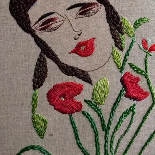 Prompt: a beautiful handmade embroidery of a woman with flowers. hand embroidery.