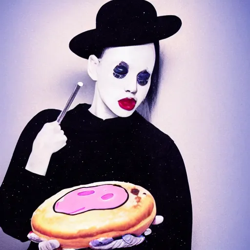 Prompt: a pretty mime girl eating a huge donut, dramatic lighting, chiaroscuro