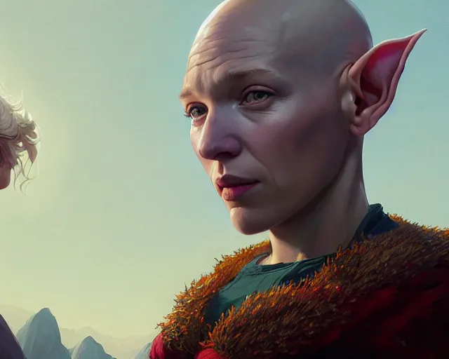 Image similar to highly detailed portrait of lea seydoux as a fantasy bald elf, in gta v, stephen bliss, unreal engine, fantasy art by greg rutkowski, loish, rhads, ferdinand knab, makoto shinkai and lois van baarle, ilya kuvshinov, rossdraws, tom bagshaw, global illumination, radiant light, detailed and intricate environment