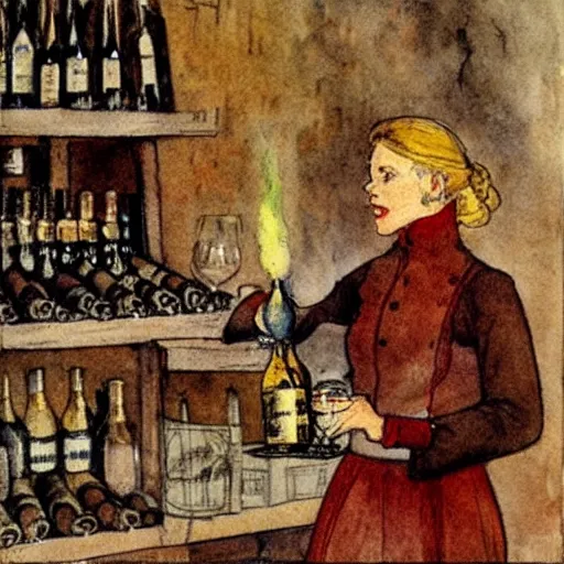 Prompt: hot blonde working in a wine cellar, food, pork, beer, schnapps, rustic, traditional, torches on the wall, watercolor by carl larsson