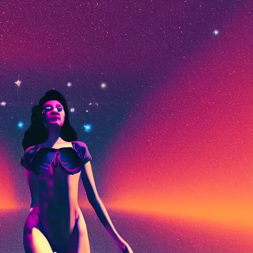 Image similar to A wide angle shot from below of a feminine body walking with swagger towards camera on mars in an infinite universe , synthwave digital art