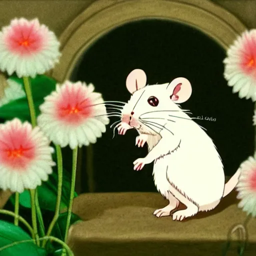 Prompt: white rat holding a flower cinematic composition, studio ghibli, cute