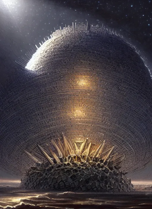 Prompt: an ancient civilization constructing a dyson sphere, under construction, building, cosmic horror painting, elegant intricate digital painting artstation concept art by mark brooks and brad kunkle detailed