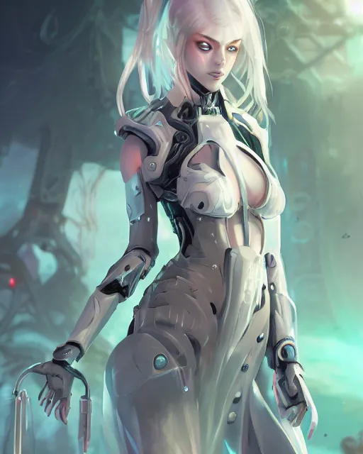 Image similar to holy cyborg necromancer girl, elegant, scifi, futuristic, utopia, garden, illustration, atmosphere, top lighting, blue eyes, white hair, focused, artstation, highly detailed, art by yuhong ding and chengwei pan and serafleur and ina wong