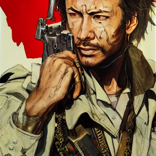 Image similar to portrait of a hero holding his gun in front of his face by yoji shinkawa, high quality, extra details, realism, ornate, colored, golden chain, blood, white skin, short hair, brown eyes, vivid, sunlight, dynamic, american man, freedom, white american soldier, painting