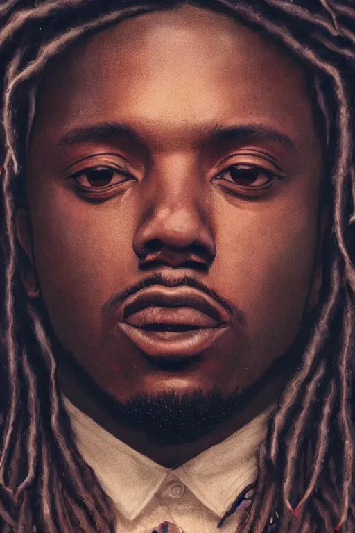 Image similar to portrait of kendrick lamar with dreads, staring directly into camera, intricate, elegant, glowing lights, highly detailed, digital painting, artstation, sharp focus, illustration, art by wlop, mars ravelo and greg rutkowski