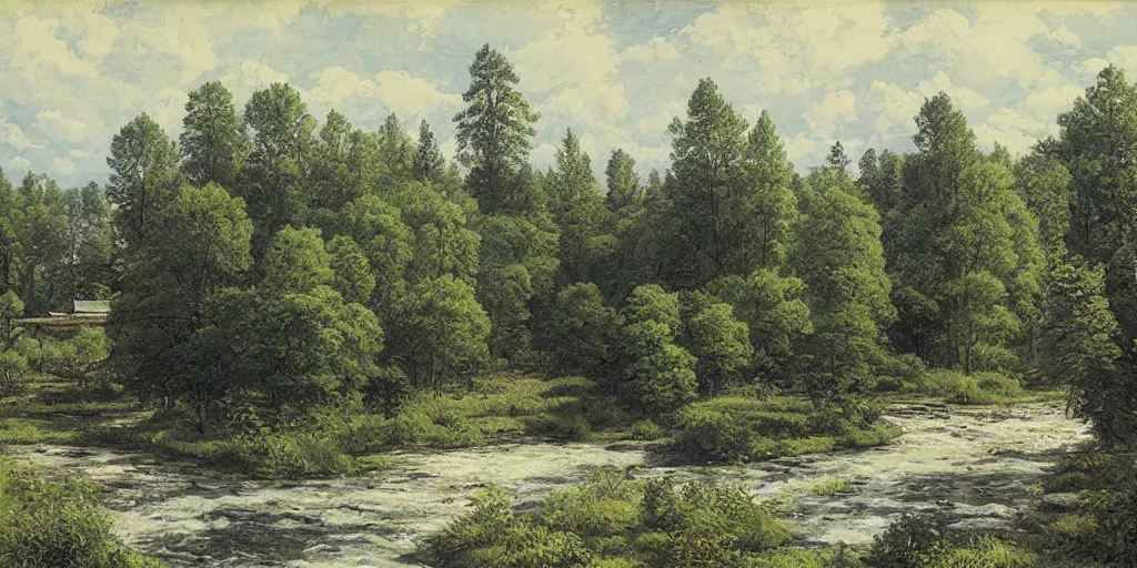 Image similar to clean and optimistic cooling tower, by a river and fields, ivan shishkin, studio ghibli