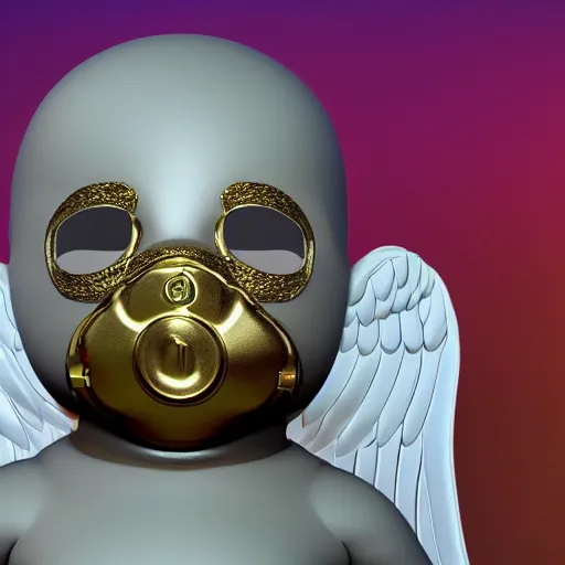 Prompt: a high tech 3 d rendering of a a baby cherub angel wearing a balaclava face mask, ski mask, face covered, covered face, fixed eyes, tattoos, multiple gold cuban chain necklace, concept art octane render, blender, cinema 4 d