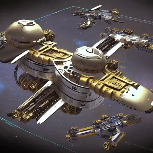 Prompt: advanced futuristic starship colony ship flying across the galaxy, steampunk with gears and cogs and lasers