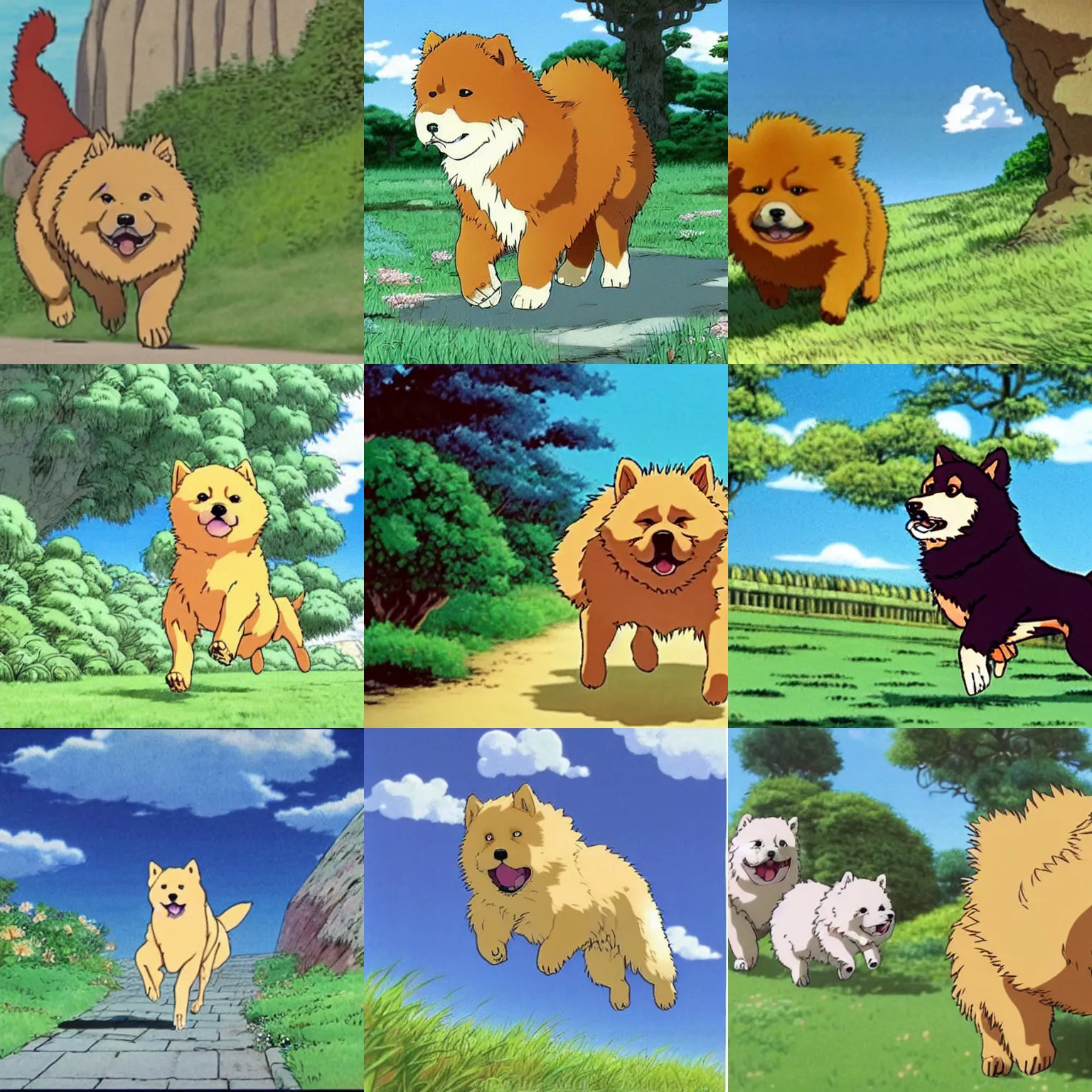 Prompt: a chow chow dog running, by studio ghibli, by hayao miyazaki, beautiful anime