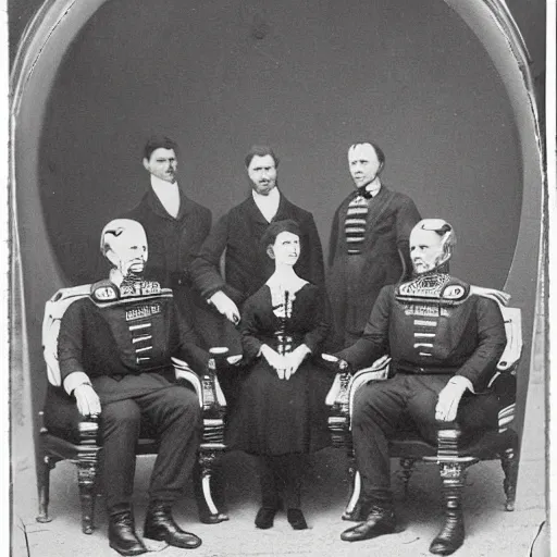 Prompt: grainy 1800s photo of human government officials surrending to cybernetic military officers