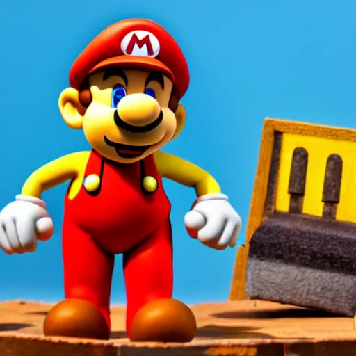 Image similar to Photo of ((Mario)) in a still from a Wallace and Gromit stopmotion animation, plasticine models, British stopmotion, high quality, a bit desaturated colors, art by Aardman Animations, 4k