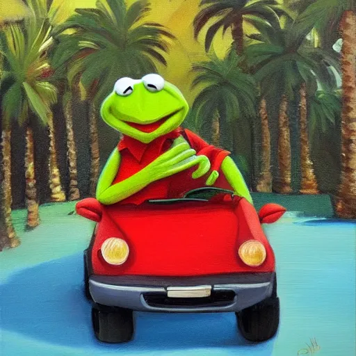 Image similar to kermit driving a car, palm trees, oil painting, detailed