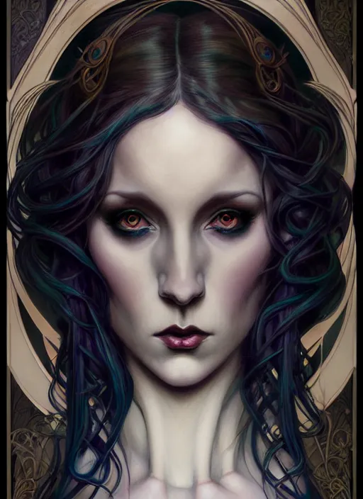 Image similar to an art nouveau, dark witch portrait in the style of charlie bowater, and in the style of donato giancola, and in the style of charles dulac. very large, clear, expressive, intelligent eyes. symmetrical, centered, ultrasharp focus, dramatic lighting, photorealistic digital painting, intricate ultra detailed background.