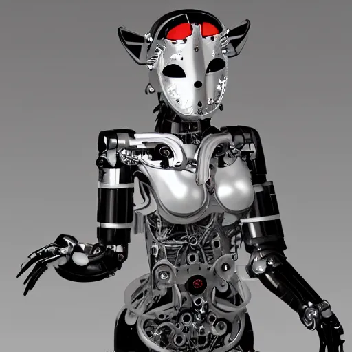 Prompt: a portrait of a beautiful cybernetic asian female with hime haircut wearing a chrome kitsune mask. from the neck down, her body is composed of mechanical parts that correspond to the human anatomy. with gears, tubes, cables, wires, and steel plates.