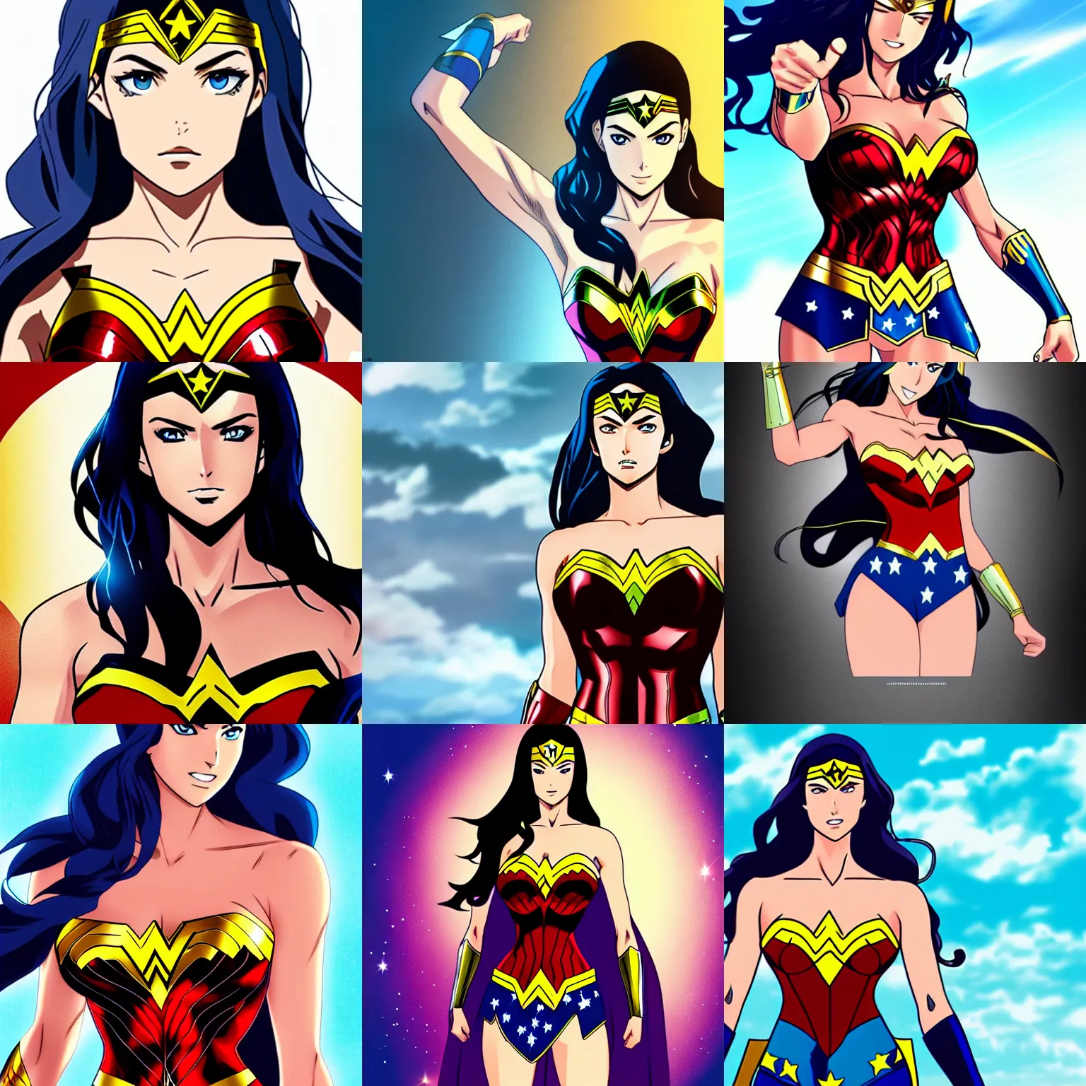 Prompt: Anime Key visual Megan Fox as wonder woman, DC comics, Superhero, official media, artstation, elegant, intricate