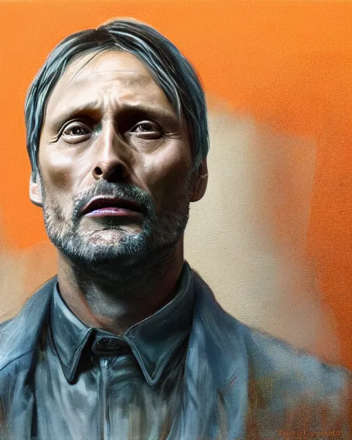 Prompt: mads mikkelson as clifford unger from death stranding, mysterious portrait, oil painting, orange fill light