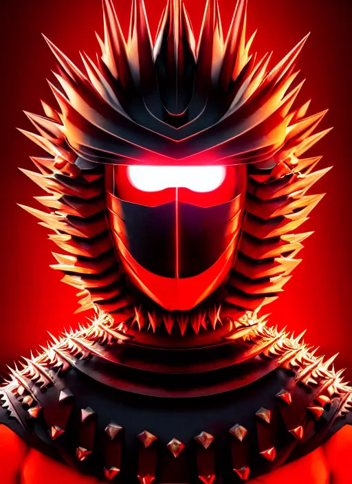 Image similar to a striking cinematic full body manga portrait of a long black haired masked male teenager wearing imposing red jagged spiked plate armour and glowing with raging powerful red energy by hirohiko araki and beeple, fine details, digital art, character concept art, volumetric lighting, cinematic light, photorealistic