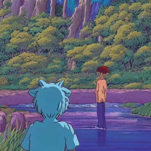 Prompt: purple guy looking at wild animals in ghibli style in studio ghibli artstyle, art, smooth, highly detailed, 4k, art, anime, colorful, river, beautiful scene,