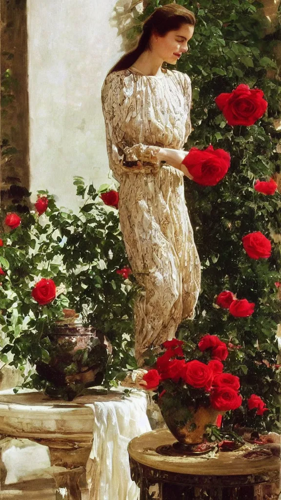 Image similar to beautiful young carole bouquet in detailed golden sleeve balloon lace dress beside a pot of red roses set near a persian pot by john singer sargent