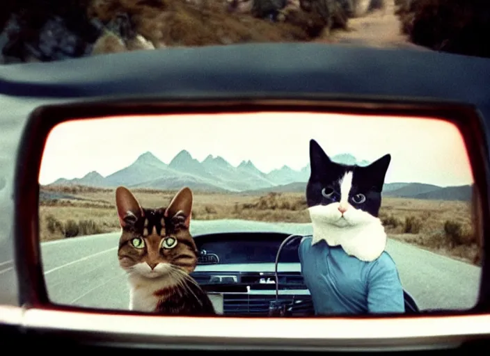 Image similar to A very high resolution image from a new movie, a cat driving a car around, inside of a car , mountains, Polaroid, directed by wes anderson