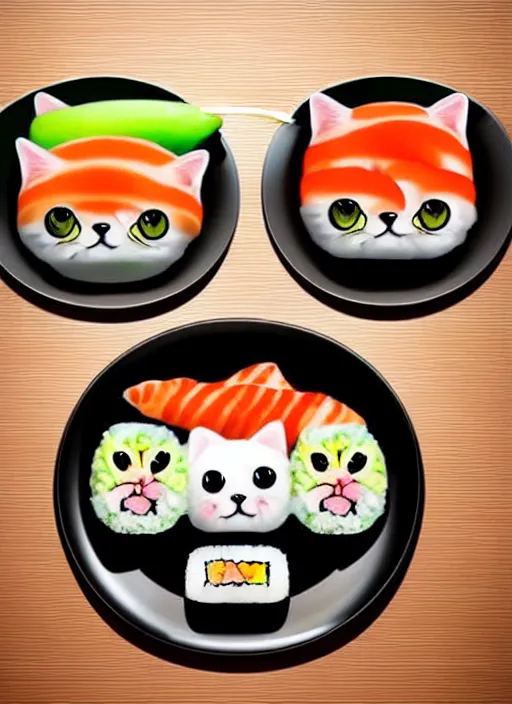 Prompt: clear photorealistic picture of adorable cats made out of sushi, sitting on sushi plates, additional sushi