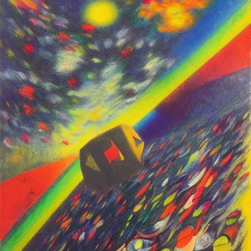 Image similar to ghostly, calm rainbow by c. r. w. nevinson, by jean - paul riopelle. a beautiful conceptual art of a space battle with wild, bright colors.