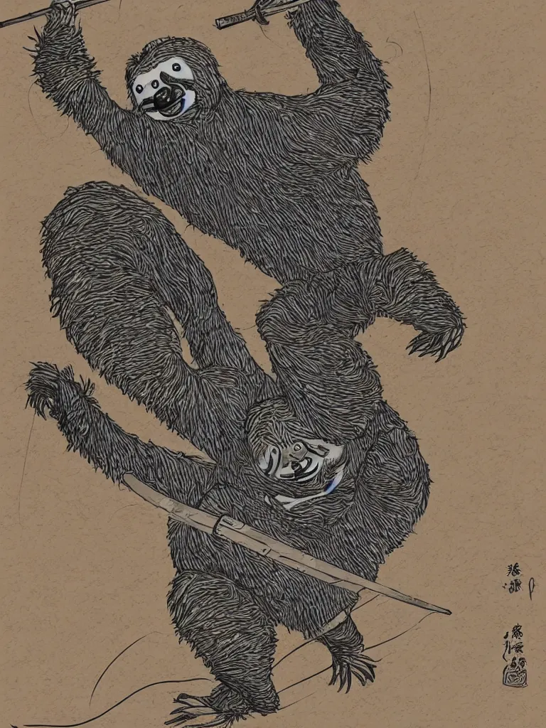 Prompt: graphic novel styled illustration of a sloth, in traditional samurai armor