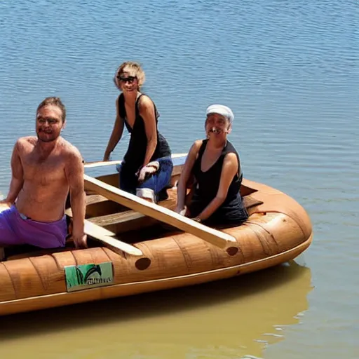 Image similar to four people on a wooden raft