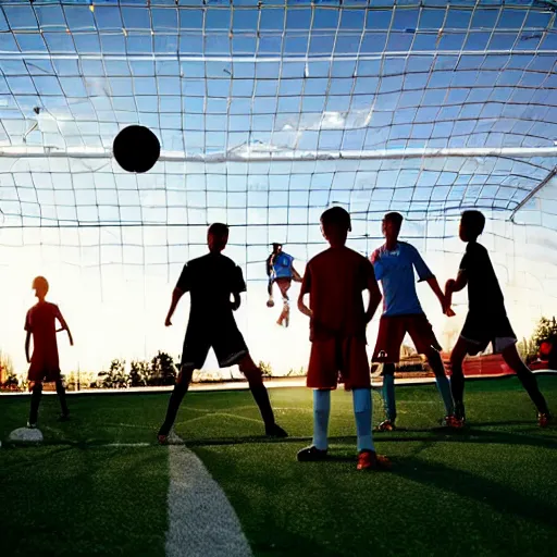 Image similar to 3 Football players play soccer by the sun on the space soccer field, heroic, cinematic lighting