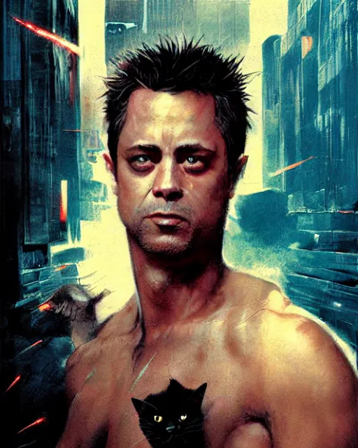 Image similar to cat in fight club, cat tyler durden, airbrush, drew struzan illustration art, by greg rutkowski key art, movie poster