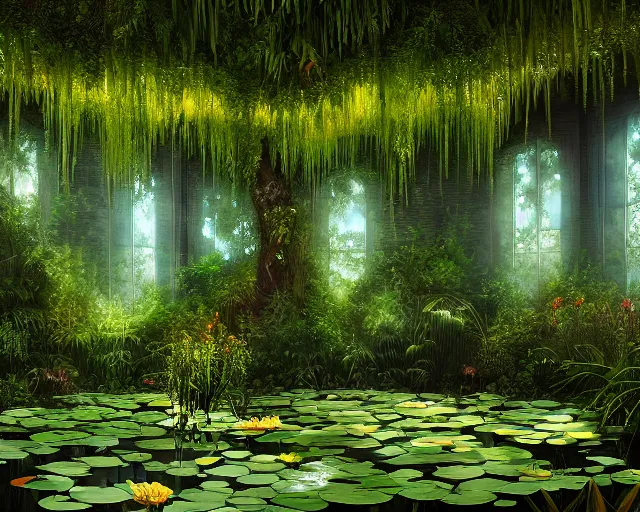 Prompt: A flooded ballroom overgrown with aquatic plants, flowers, lily pads, vines, majestic, dramatic lighting, digital art, trending on Artstation